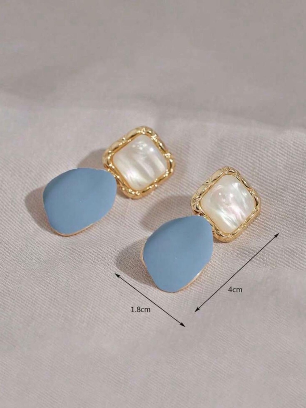 Gold-Tone Earrings with Light Blue Drops and Pearl Squares - Picture 3 of 3